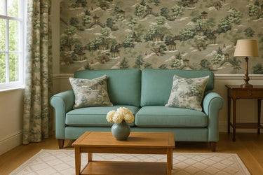 Scenic Pagoda Garden fabric with rivers, trees, and Asian architecture